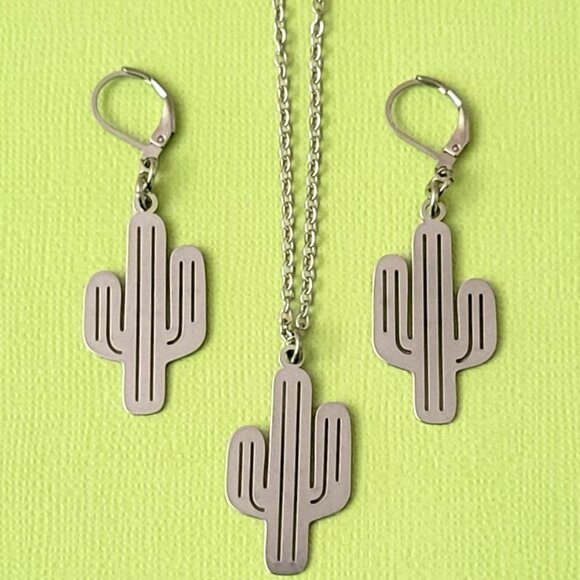 CACTUS Stainless Steel Charm Chain 18" Necklace Earrings Set Western Cowgirl - Picture 1 of 11
